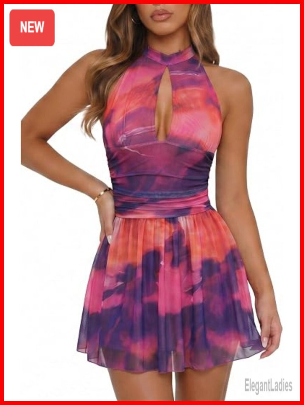 Sleeveless Halter Cut Out Ruched Mesh Ruffle Hem Party Vacation Short Dress
